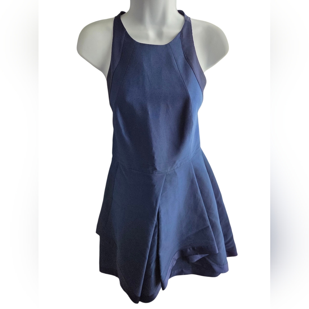 Halston Heritage Navy High Neck Ribbon Tier Cotton & Silk Dress Size 6